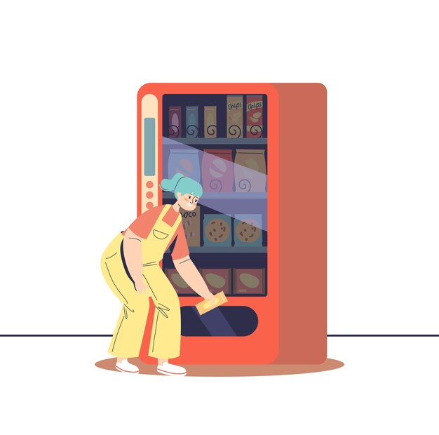 Petite fille achetant une collation dans un distributeur automatique à la cafétéria de l'école Écolière prenant une barre de chocolat pour le déjeuner dans la salle à manger après les cours Illustration vectorielle plane de dessin animé