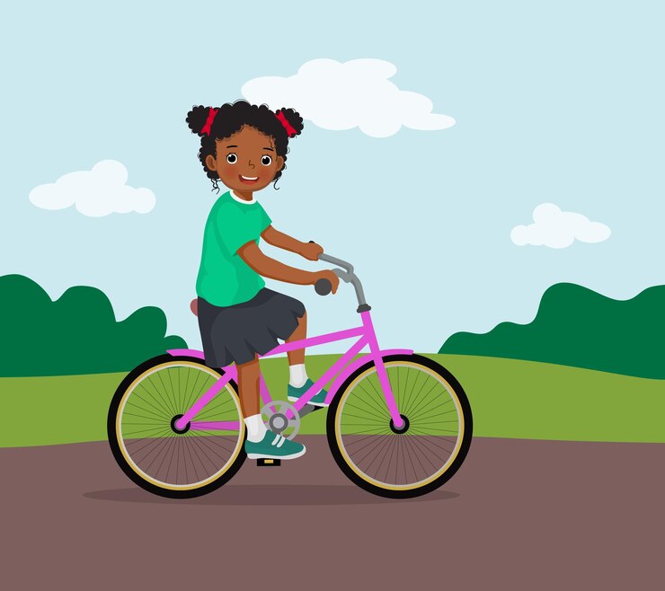 Vecteur une petite fille africaine heureuse sur un vélo qui s'amuse dans le parc un jour ensoleillé