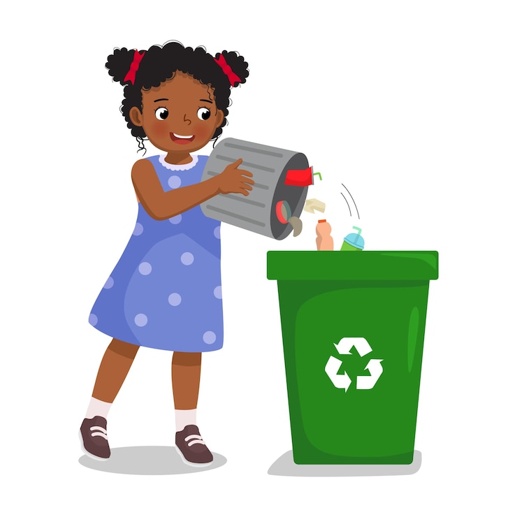 Vecteur une petite fille africaine sortant les ordures dans la poubelle de recyclage faisant des tâches ménagères de routine quotidiennes