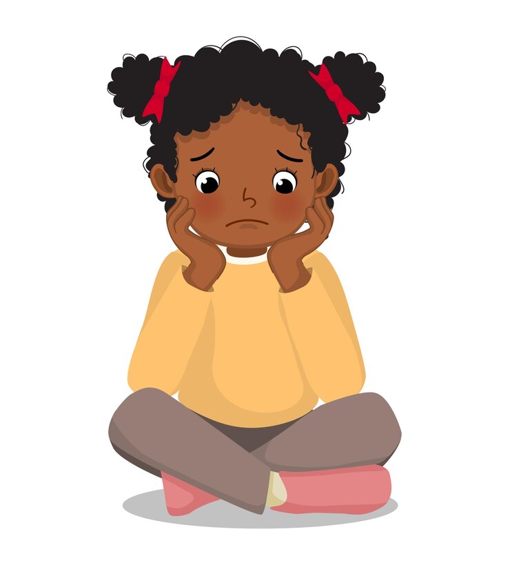 Vecteur une petite fille africaine triste assise par terre avec son menton reposé sur ses mains.