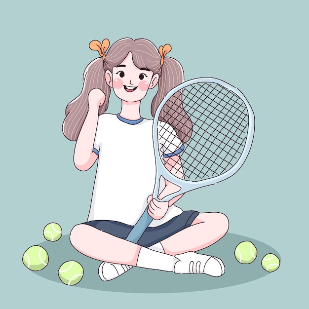 Petite Fille Aime Le Tennis. Personnage De Joueur De Tennis.