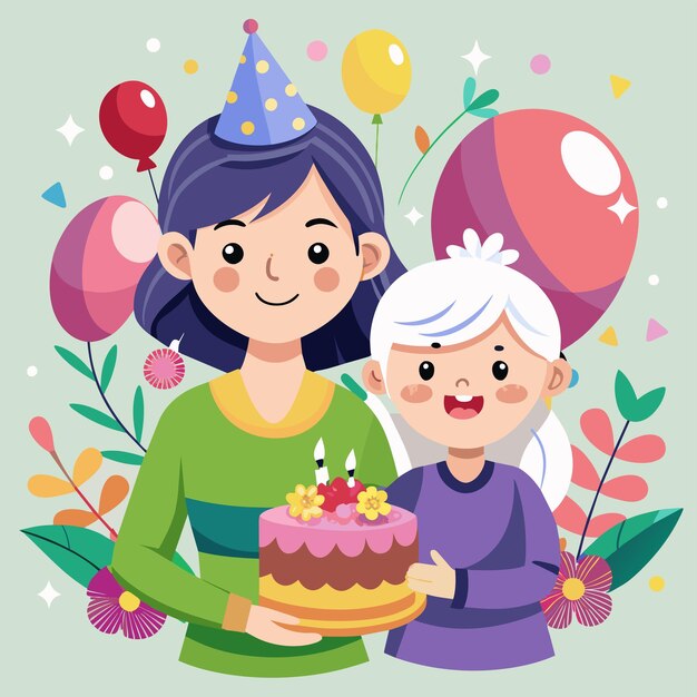 Vecteur petite fille d'anniversaire avec grand-mère dessiné à la main personnage de dessin animé autocollant concept d'icône isolé