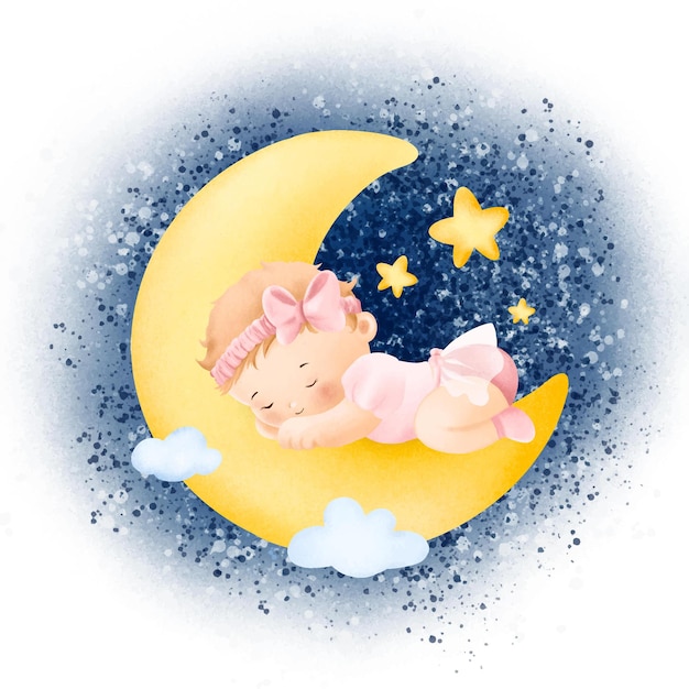 Petite Fille Aquarelle Dormant Sur La Lune