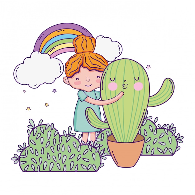 Vecteur petite fille avec cactus kawaii