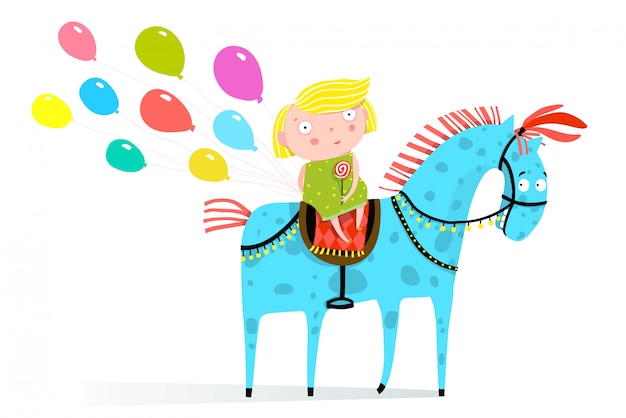 Vecteur petite fille à cheval avec des ballons de vacances