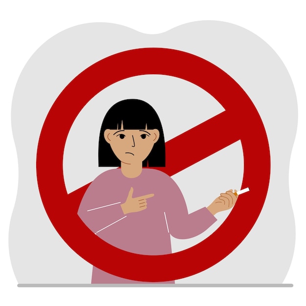 Vecteur petite fille avec une cigarette à la main il y a un panneau d'interdiction rouge autour de la fille le concept de tabagisme chez les enfants ou les adolescents