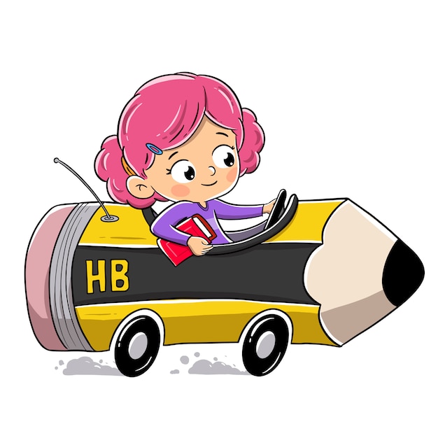 Vecteur petite fille conduisant un crayon sur le chemin de l'école avec un livre