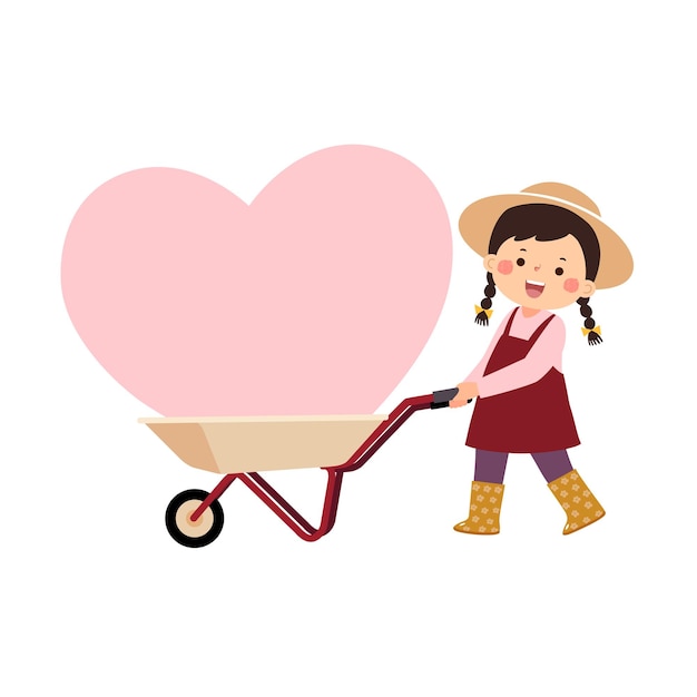 Vecteur petite fille de dessin animé poussant une brouette avec un grand cœur rose concept de la fête de la saint-valentin