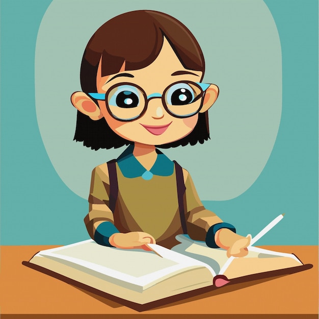 Une petite fille de dessin animé qui lit un livre et fait ses devoirs sur la table.