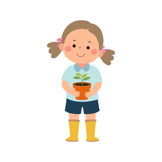 Vecteur petite fille de dessin animé avec un semis d'arbre dans un pot