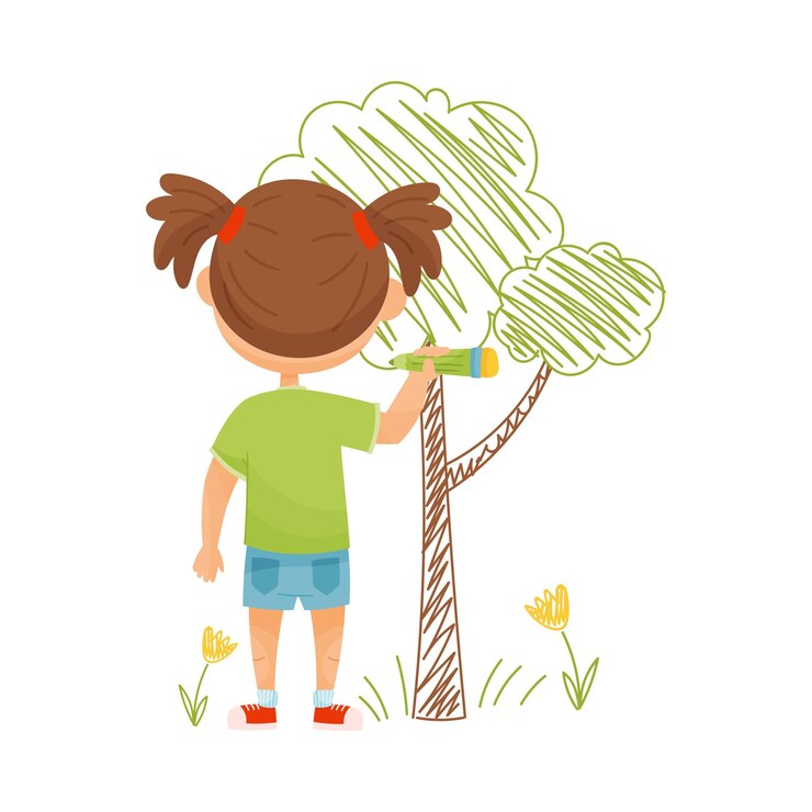 Vecteur petite fille dessinant un arbre avec un stylo de feutre sur l'illustration vectorielle du mur