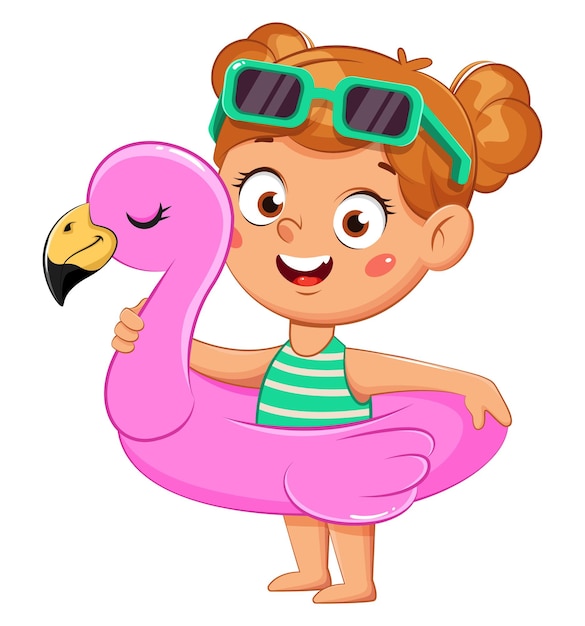 Une petite fille drôle en maillot de bain tenant une bague gonflable