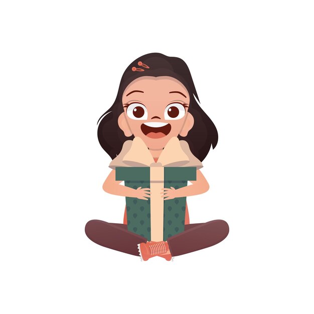 Petite fille est assise dans une position de lotus avec un cadeau dans ses mains Illustration vectorielle de style dessin animé