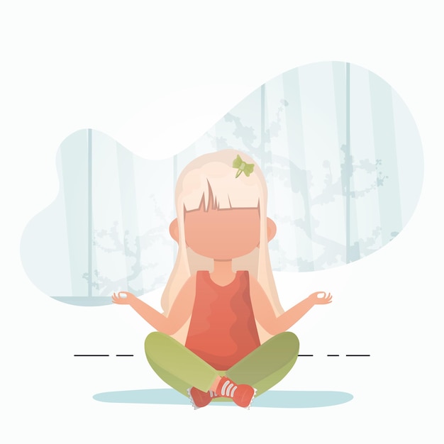 Petite Fille Faisant Du Yoga Dans La Position Du Lotus Méditation Pour Enfants Style De Dessin Animé