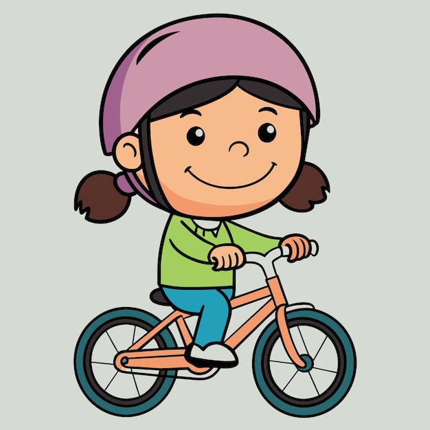 Une petite fille heureuse avec un casque qui fait du vélo.