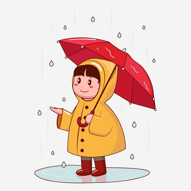 Vecteur une petite fille avec un imperméable sous un parapluie.