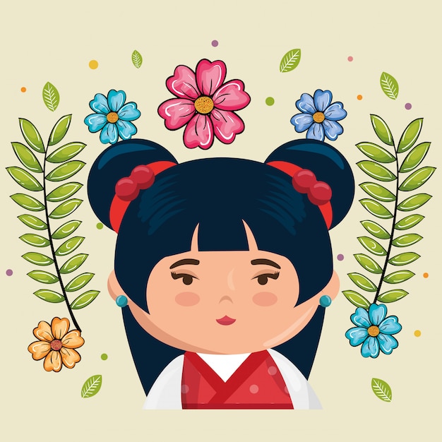 Petite Fille Japonaise Kawaii Avec Des Fleurs