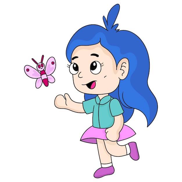 Une petite fille jouant avec des papillons. Émoticône autocollant illustration de dessin animé