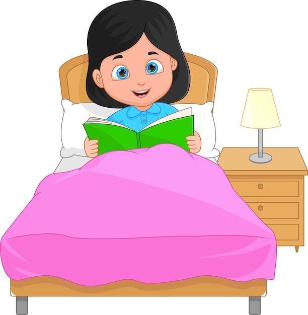 Vecteur petite fille lisant un livre avant d'aller dormir