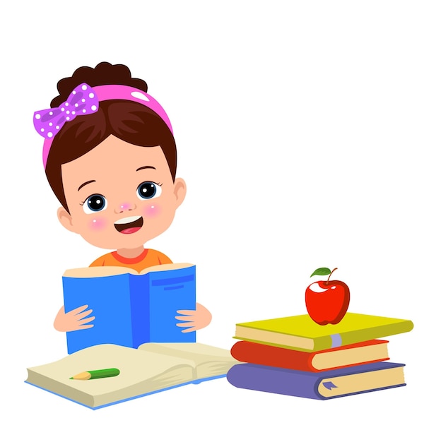 Une petite fille lit un livre avec une pomme rouge sur le dessus.