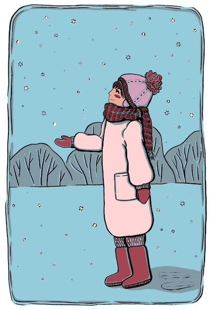 Vecteur petite fille marchant pendant une chute de neige. esthétique d'hiver. concept d'enfance heureuse. illustration vectorielle de style croquis. dessin rétro coloré.