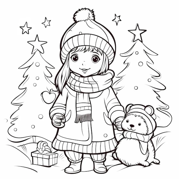 Vecteur petite fille mignonne et bébé capybara avec boîte à cadeaux en hiver et illustration de noël