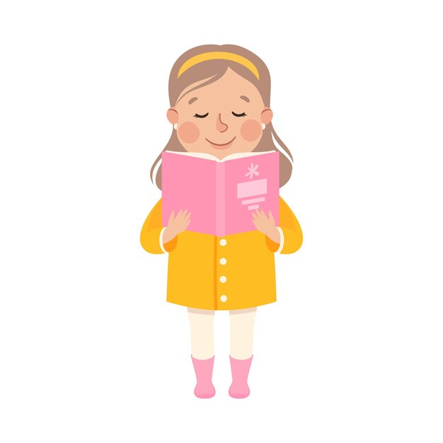 Petite fille mignonne debout et lisant un livre Fille d'âge préscolaire appréciant la littérature Enfants Éducation Concept Style de dessin animé Illustration vectorielle