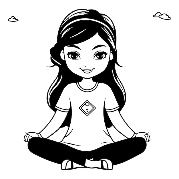 Vecteur une petite fille mignonne pratiquant le yoga illustration vectorielle en noir et blanc design graphique