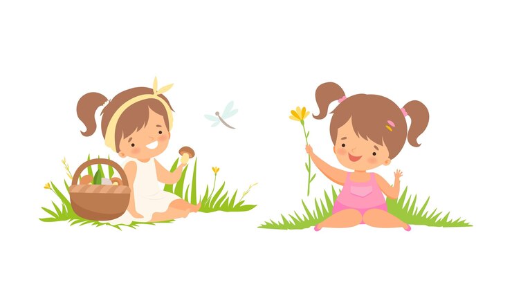 Vecteur une petite fille mignonne qui marche assise sur l'herbe verte du pré avec un panier plein de champignons et un jeu de vecteurs de fleurs