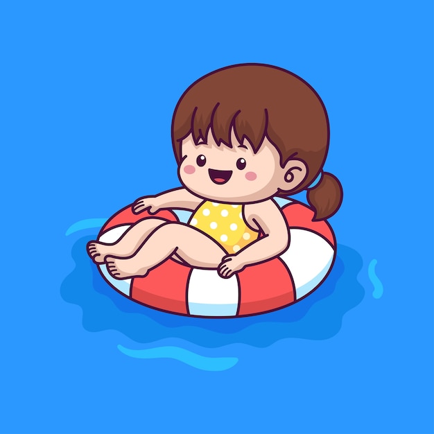 Petite Fille Nageant Sur L'illustration De Dessin Animé De Piscine