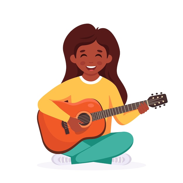 Vecteur petite fille noire jouant de la guitare enfant jouant d'un instrument de musique