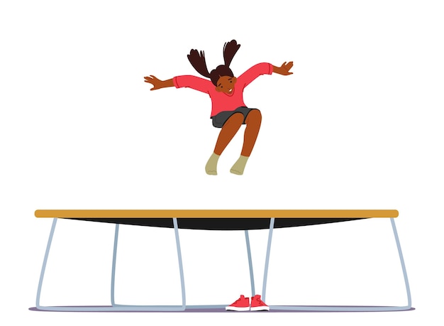 Vecteur petite fille noire saute sur un trampoline isolé sur fond blanc enfant profite de la vie et de la liberté pendant les vacances d'été