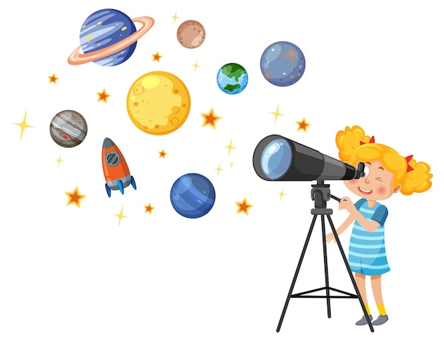 Vecteur petite fille observant le ciel avec un télescope