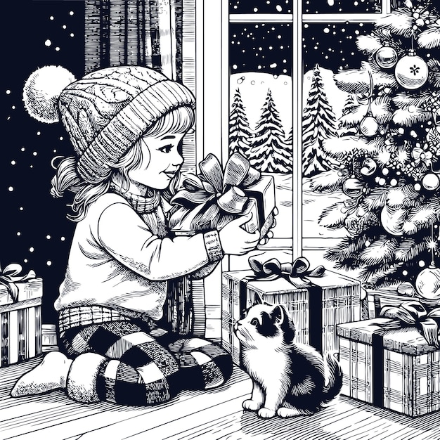 Vecteur la petite fille ouvre les cadeaux sous l'arbre le matin après noël.