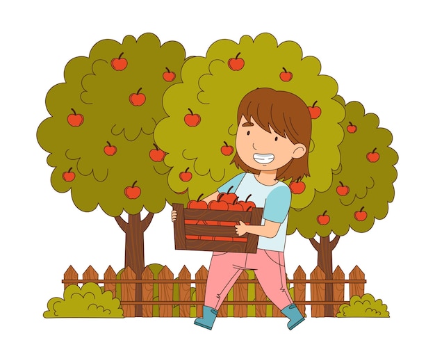 Petite fille portant une caisse en bois avec des pommes travaillant sur l'illustration vectorielle de la ferme