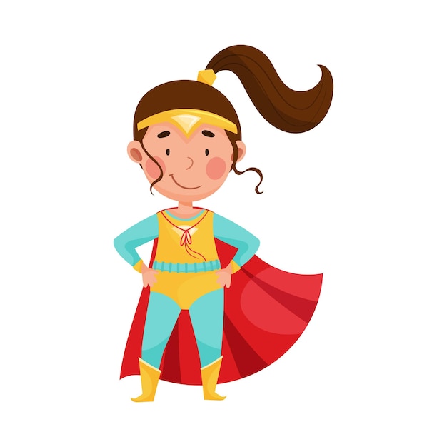 Vecteur une petite fille portant un costume de super-héros prétendant avoir une illustration vectorielle de super-puissance