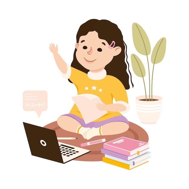 Petite fille qui étudie à domicile par téléconférence et lève la main pour répondre Éducation à domicile Concept d'apprentissage à distance Illustration vectorielle de style dessin animé
