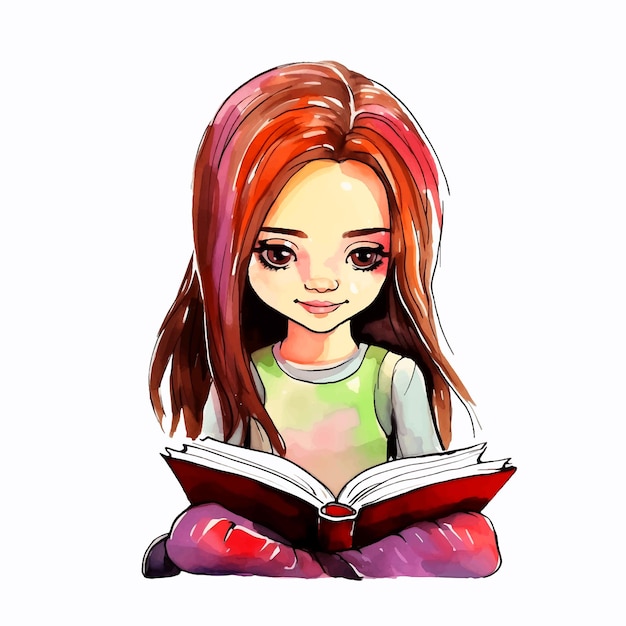Vecteur une petite fille qui lit un livre d'aquarelle.