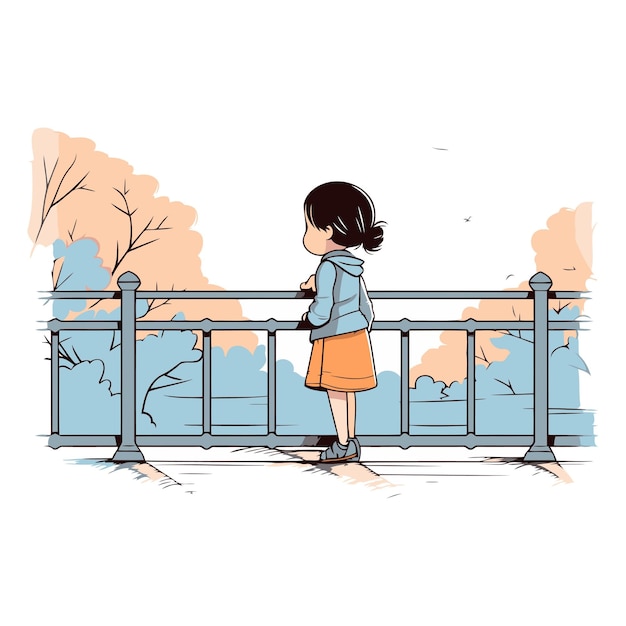 Vecteur une petite fille qui marche sur le pont dans le parc.