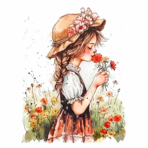 Vecteur une petite fille qui sent les fleurs peint à l'aquarelle