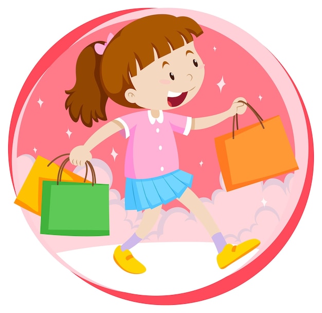 Petite Fille Shopping Sur Fond Blanc