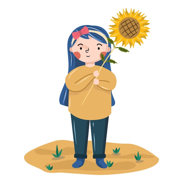 Vecteur petite fille tenant une illustration de tournesol