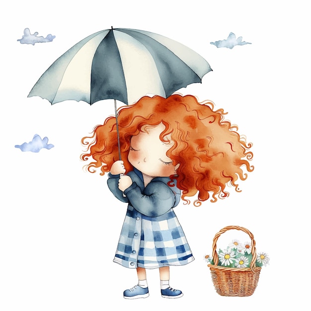 Vecteur une petite fille tenant un parapluie de peinture à l'aquarelle