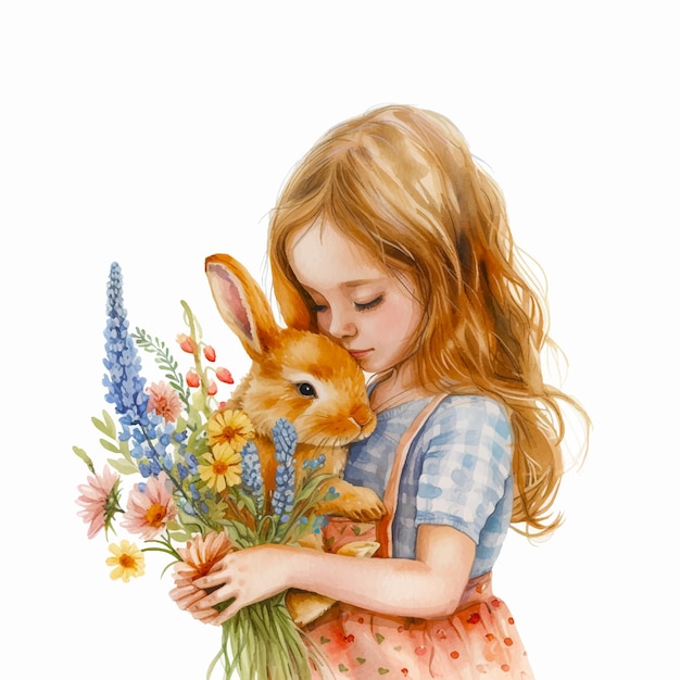 Une Petite Fille Tenant Une Peinture à L'aquarelle De Lapin