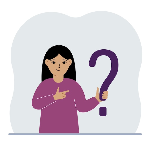 Petite fille tenant un symbole de point d'interrogation Poser des questions et chercher des réponses FAQ ou concept de questions fréquemment posées centre de support en ligne