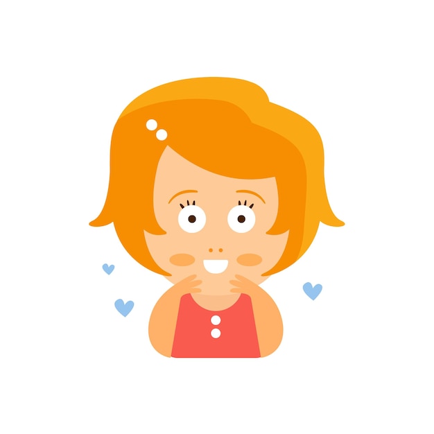 Petite Fille à Tête Rouge En Robe Amoureuse Rougissant Plat Personnage De Dessin Animé Portrait Emoji Vector Illustration