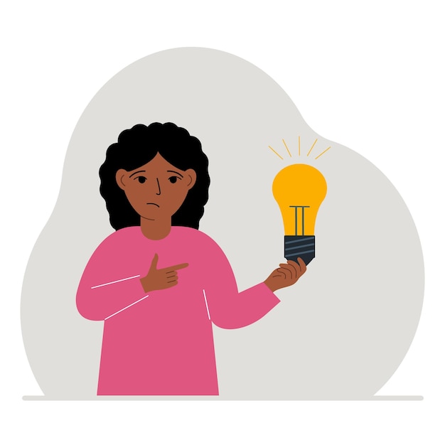 Vecteur une petite fille tient une ampoule dans sa main concept d'idée solution de réflexion remue-méninges eureka bingo devoirs ou trouver une réponse
