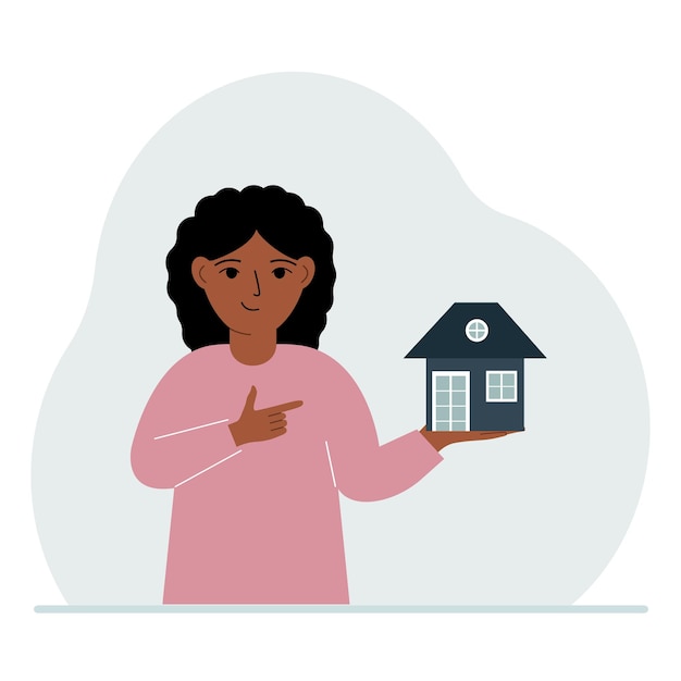 Vecteur une petite fille tient une petite maison dans sa paume concepts d'héritage ou de transfert de biens immobiliers aux enfants