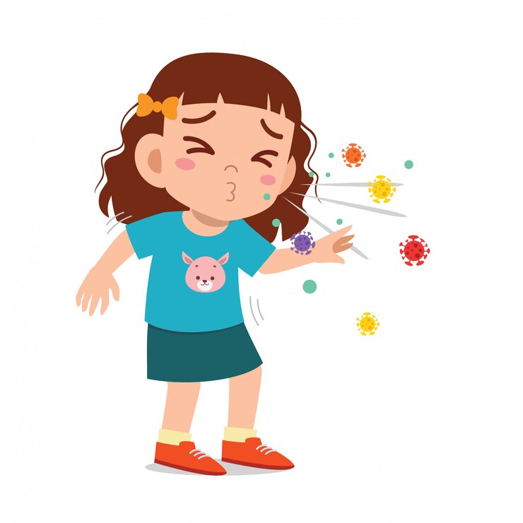 Vecteur une petite fille triste et mignonne éternuera à cause de la grippe.