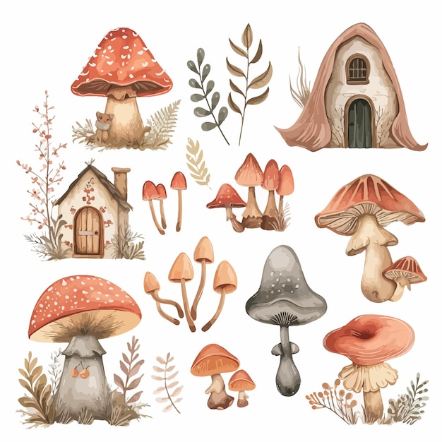 Petite forêt de maisons de fées et de botanique avec des champignons